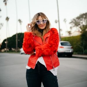 Guess Red Leather Jacket With Faux Fur 